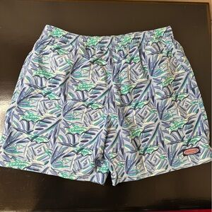 Vineyard Vines Blue and Green Leaf Print Swim Trunks